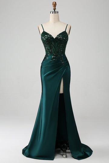 Dark Green Mermaid Sequin Pleated Corset Prom Dress With Slit